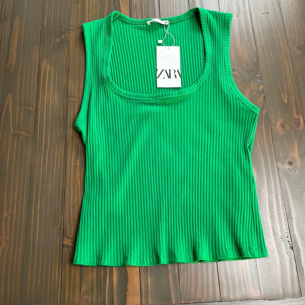 Zara Kelly Green Ribbed Tank Top NWT Stretchy Scoop Neck Basic XL Clean Girl